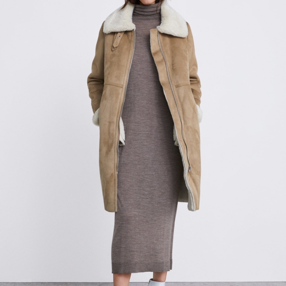 ZARA Fur Suede Long Biker Coat:Camel, US L/EUR L - Picture 2 of 12